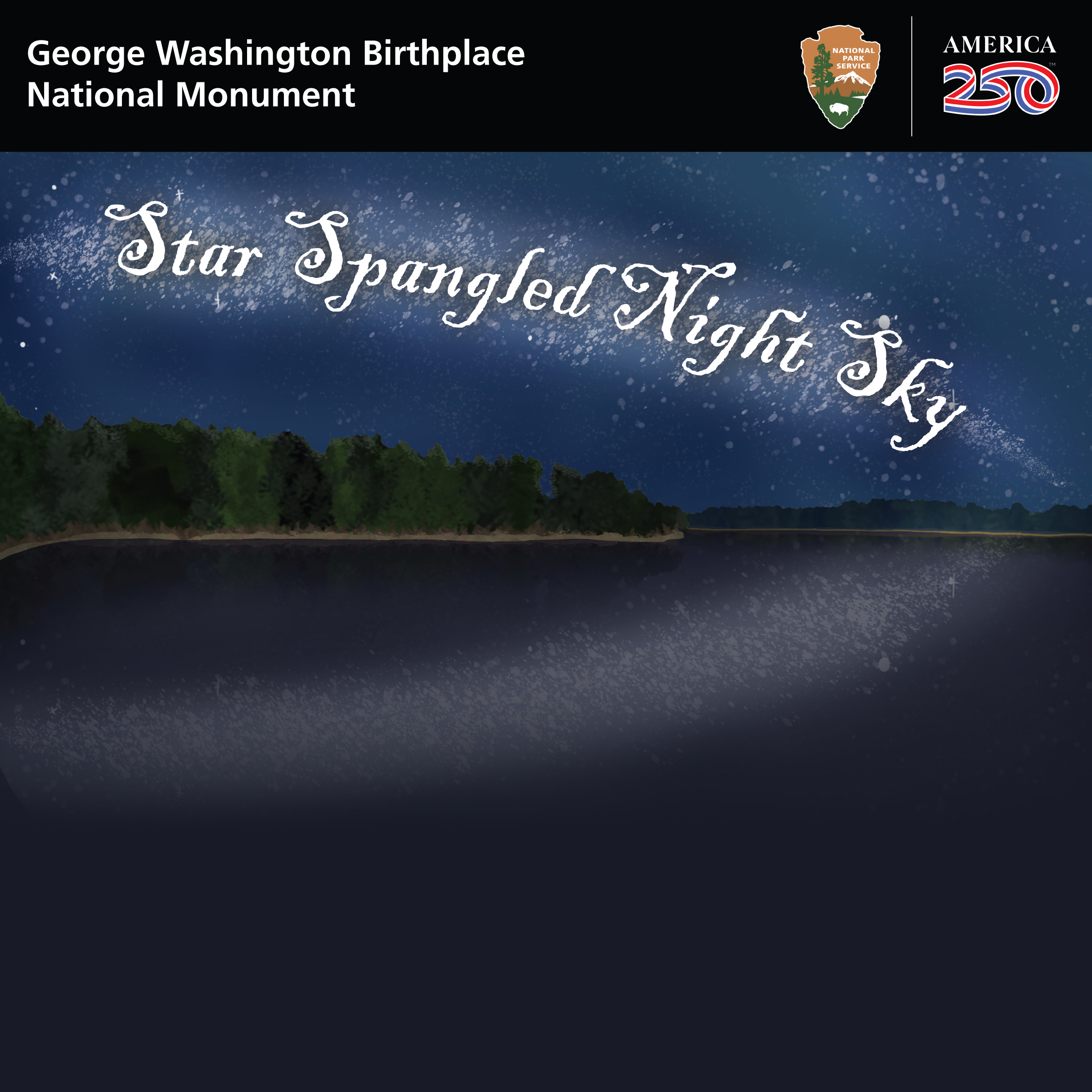 A graphic of a creek with stars on the surface.