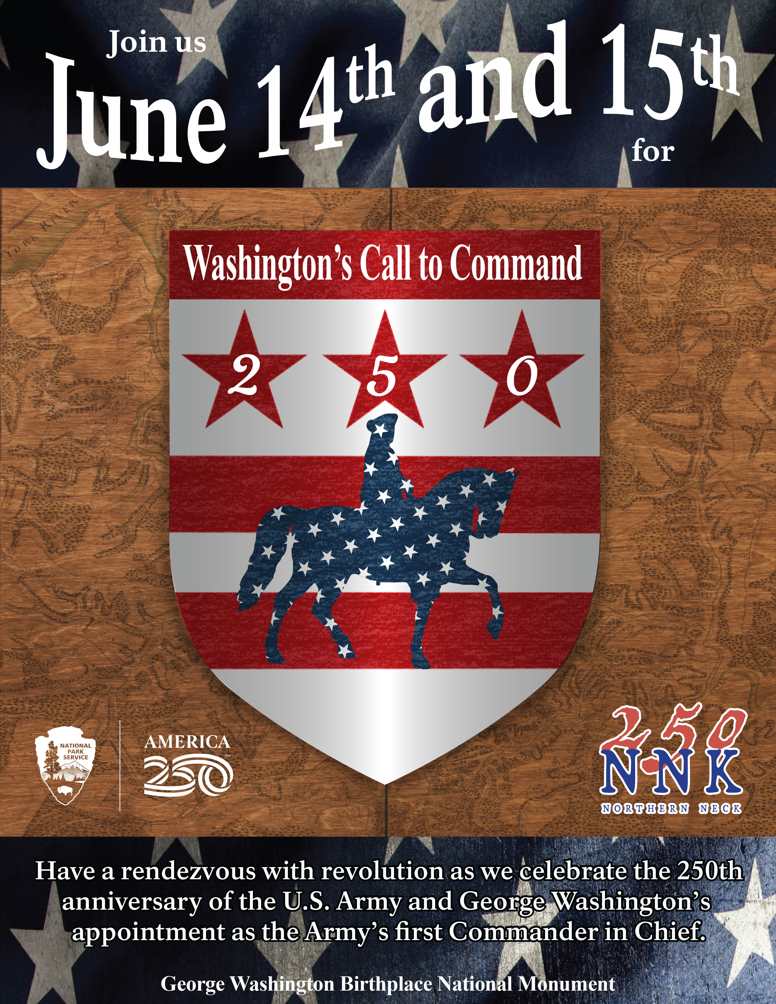 Washington's Call to Command Event Flyer A flyer with a logo of George Washington silhouette on a horse and information about the upcoming event.