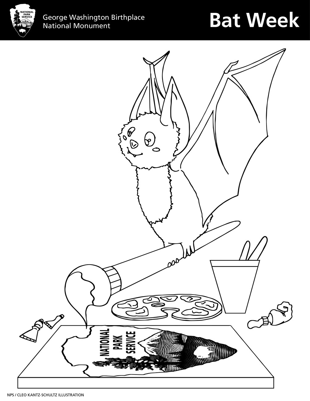 A graphic of a bat flying while holding a paint brush, painting the National Park Service logo on canvas
