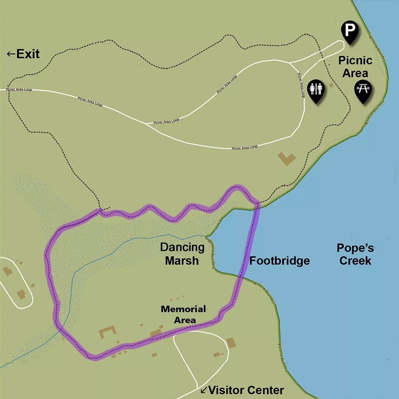 A map of the Dancing Marsh trail at George Washington Birthplace