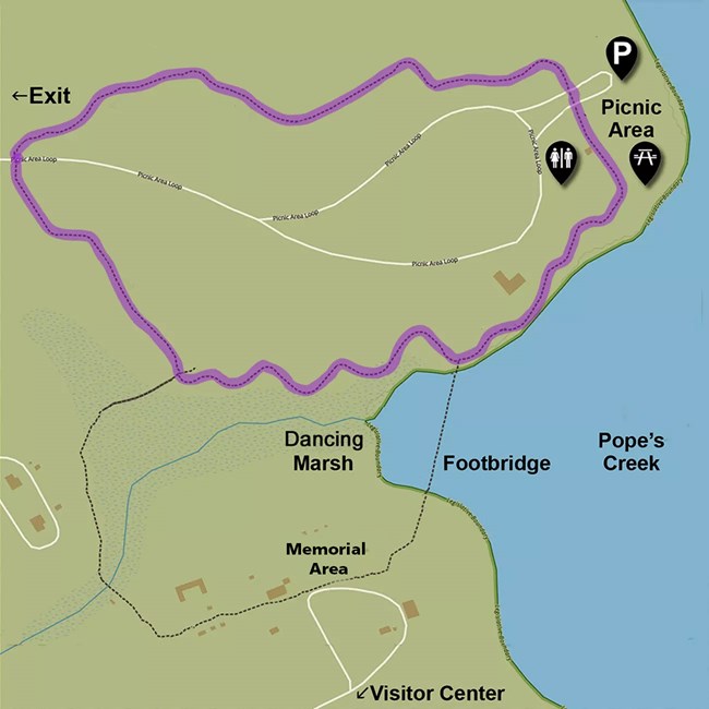 A map that shows the path of the nature trail in George Washington Birthplace National Monument