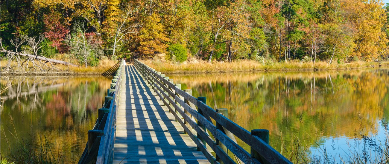 a bridge extending over water reaching to another shore with brightly colored trees