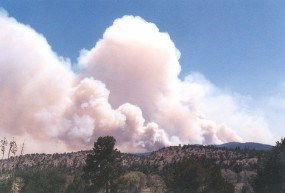 Photo of smoke rising over hillside.