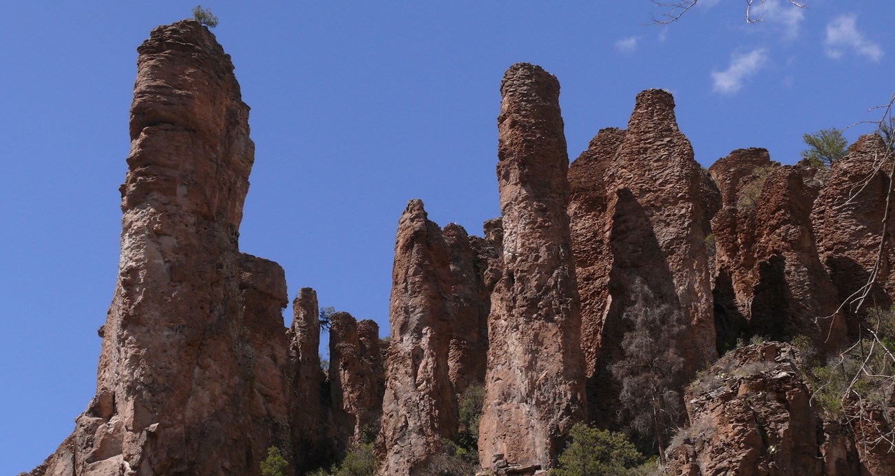 The dramatic peaks of the Bloodgood Tuff as it overlooks the Gila's Middle Fork.