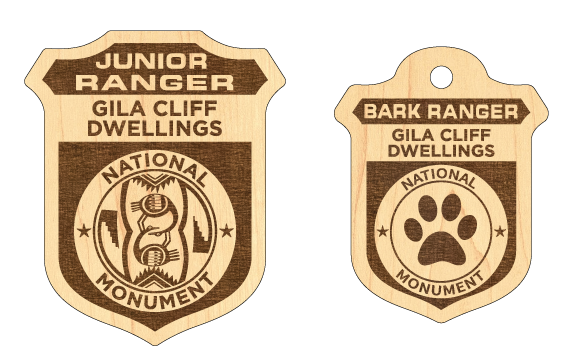 An image of a bagde that is for a Bark Ranger it reads Bark Ranger Gila Cliff Dwellings National Monument