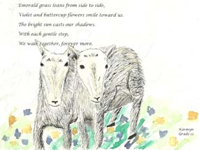 Colored drawing by a 12th grade student of two goats standing in a meadow of wildflowers.