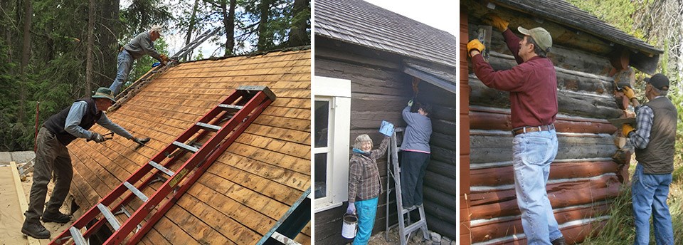 collage of volunteers working on rustic cabins (hammering on roof, chinking) collage of volunteers working on rustic cabins (hammering on roof, chinking)