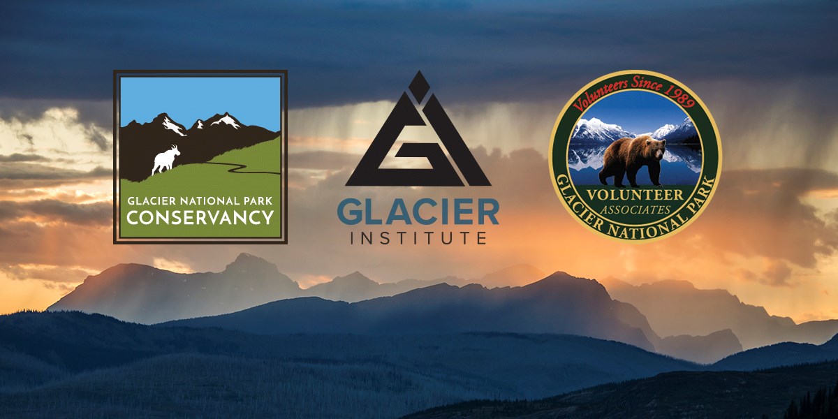 logos of glacier's partner organizations overlayed on a sunset of the mountains