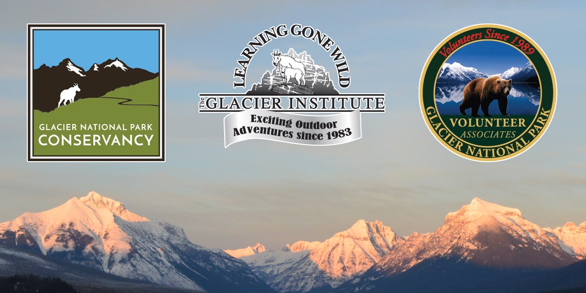 The logos of the three park partners, The Glacier National Park Conservancy, the Glacier Institute, and the Glacier National Park Volunteer Associates, superimposed over a scene of the mountains behind Lake McDonald The logos of the three park partners, The Glacier National Park Conservancy, the Glacier Institute, and the Glacier National Park Volunteer Associates, superimposed over a scene of the mountains behind Lake McDonald
