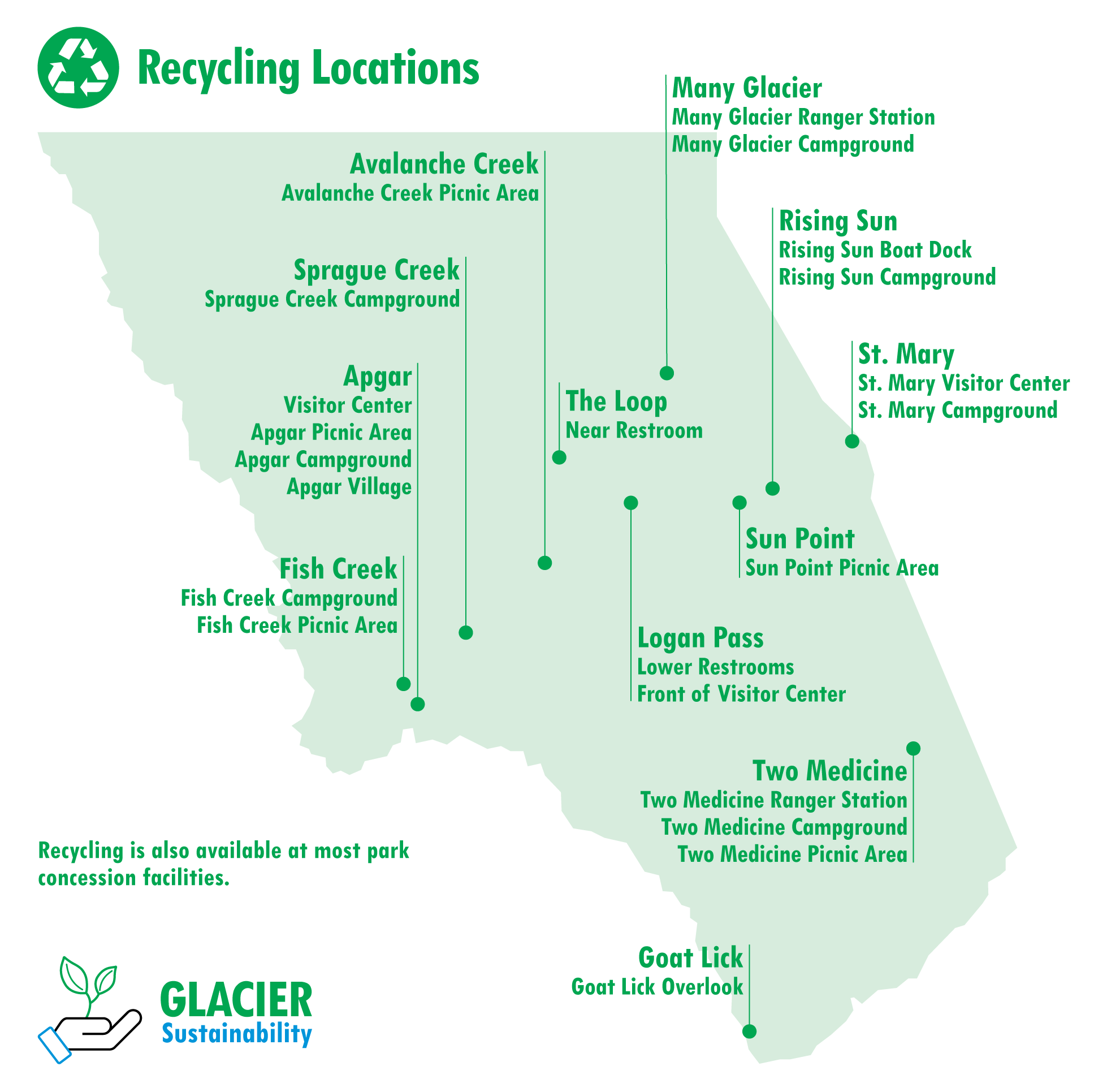 map of the locations in the park with recycling capabilities