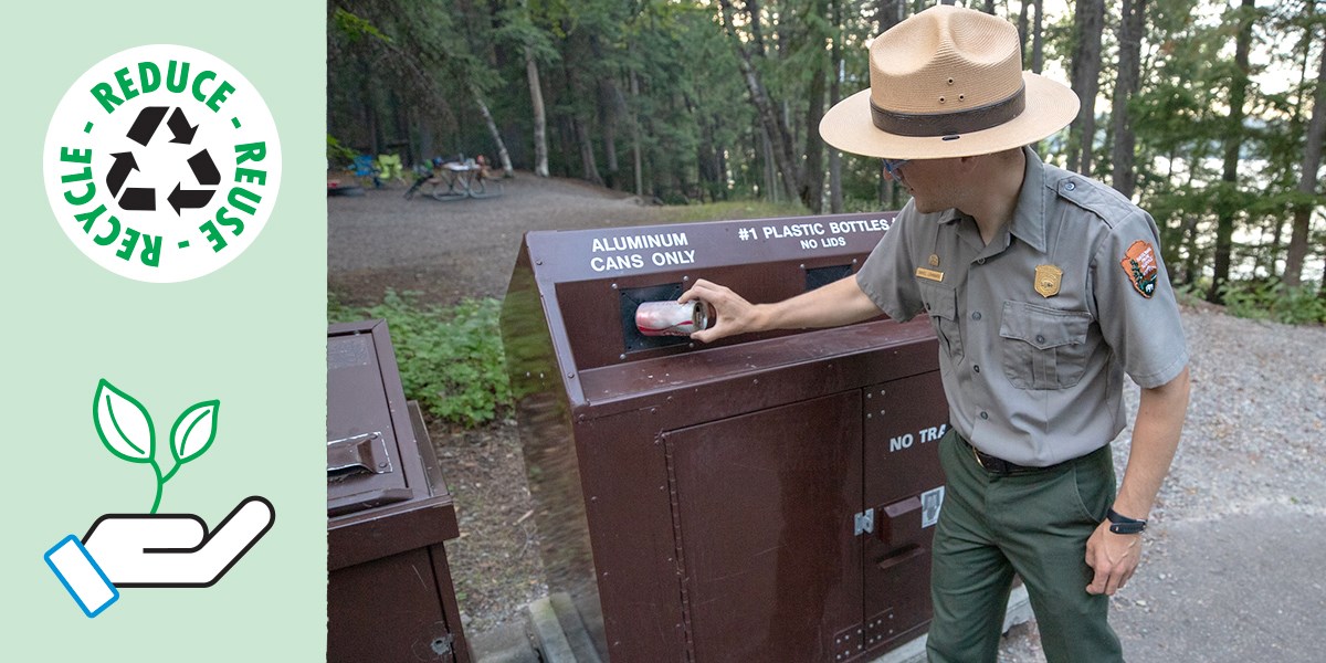 Photo of a ranger recycling a pop can.