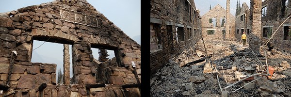 Ruins of the Sperry Chalet immediately after the fire swept through Ruins of the Sperry Chalet immediately after the fire swept through