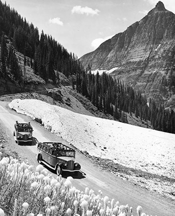 Buses drive down a road with a mountain in the background in this black and white photo