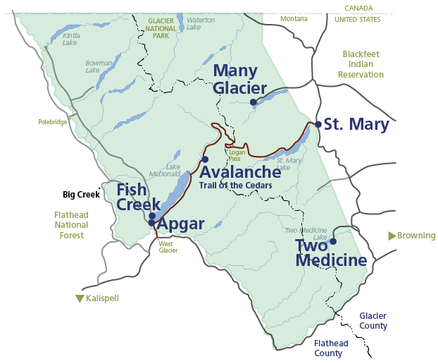 Map of Glacier National Park with locations of education programs labeled in dark blue