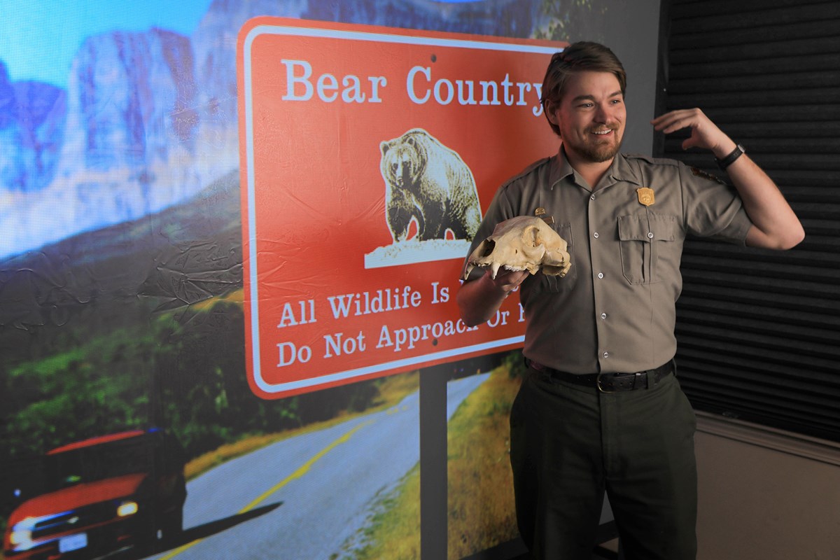Park ranger holding bear skull stands in front of screen with Bear Country sign projected on it Park ranger holding bear skull stands in front of screen with Bear Country sign projected on it