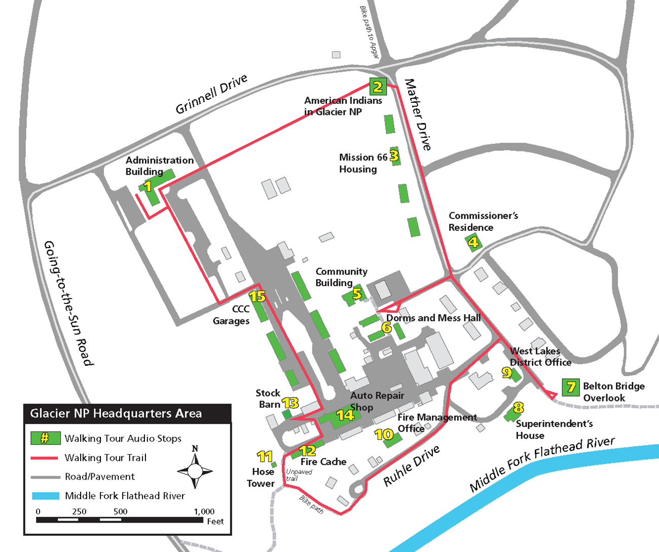A map of the Glacier National Park Historic Headquarters Walking Tour Route, with 15 stops labelled, counter-clockwise in a loop: Administration building, american indians in glacier np, mission 66 housing, commissioner's residence, community building