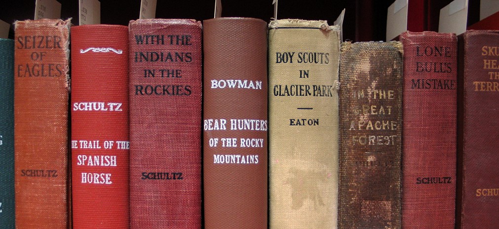 Spines of vintage library books