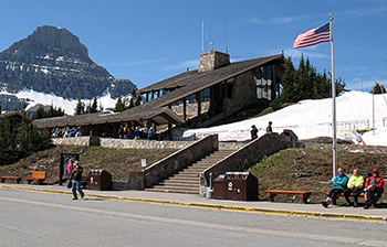 Slope roofed building in mountain setting