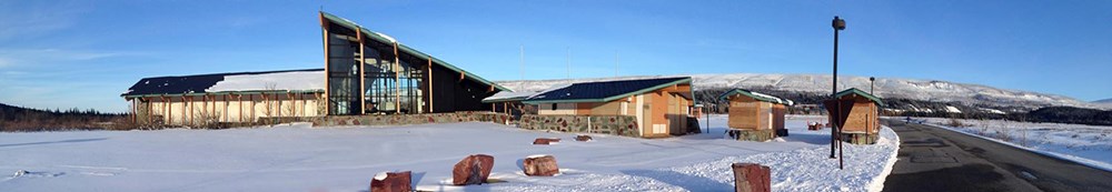 St. Mary Visitor Center with snow on ground