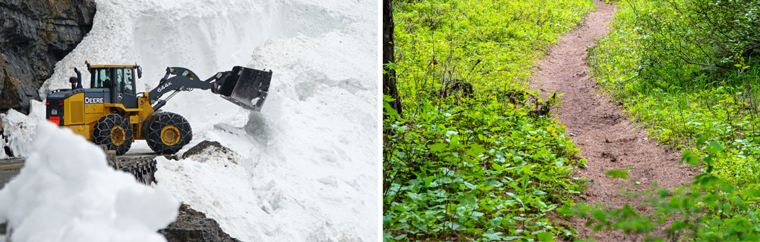 Left image shows a snowplow moving snow from a large snow tunnel along a mountain road. Right image shows a close up of a hiking trail surrounded by green vegetation.