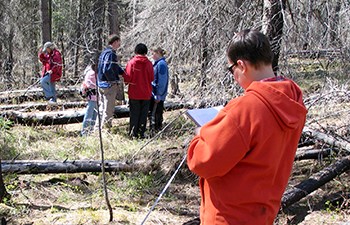 boy stands in forest and writes in notebook