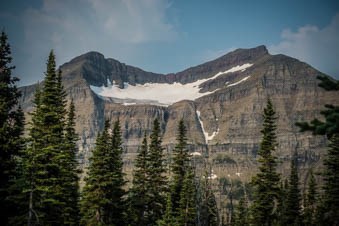 Trees in the foreground. A glacier sits on a rocky mountain in the background.