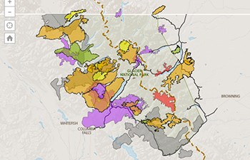 map of Glacier with many zones highlighted in different colors