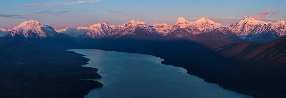 high elevation view of mountain lake at sunset