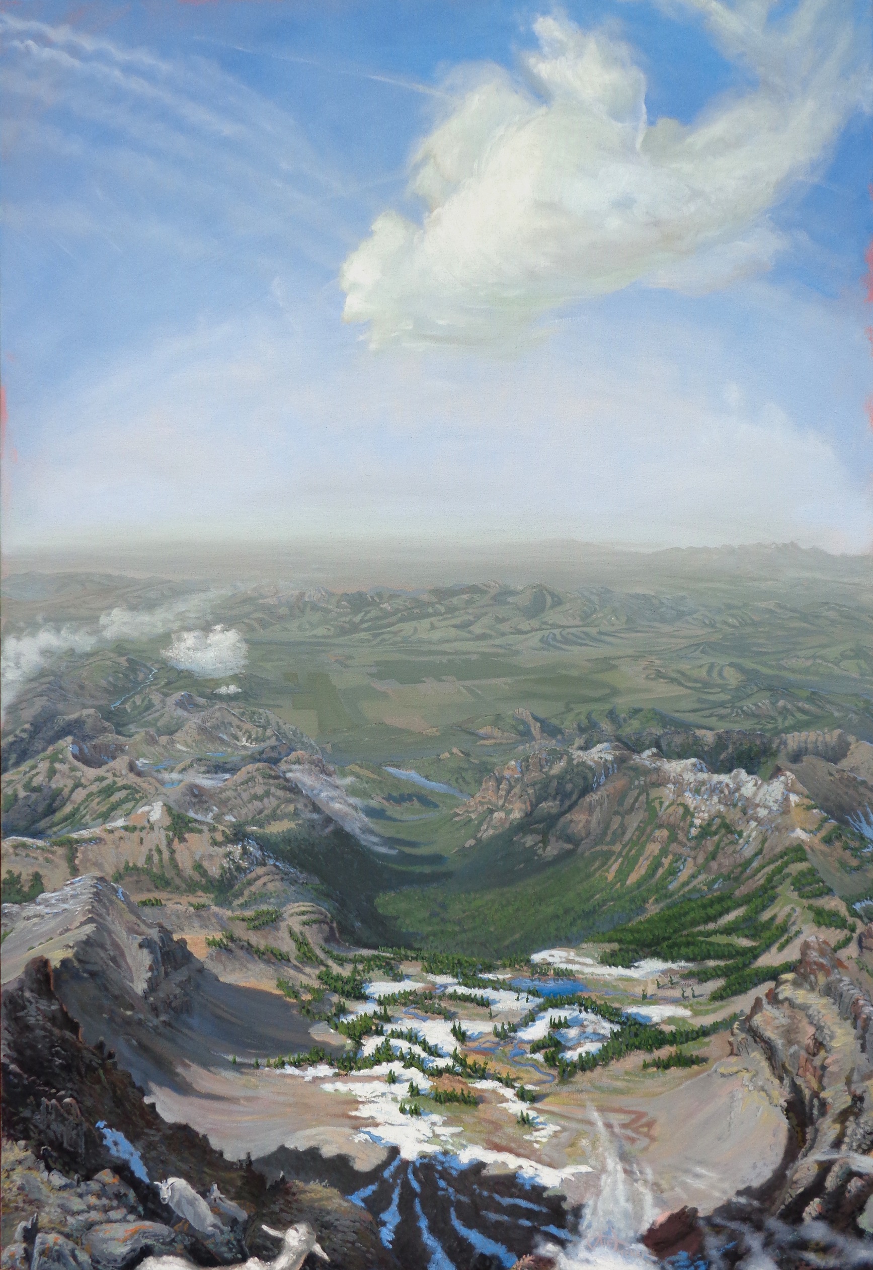 Landscape painting by Nic Fischer entitled "Hyalite," showing a view from on high of mountains, valleys, and clouds