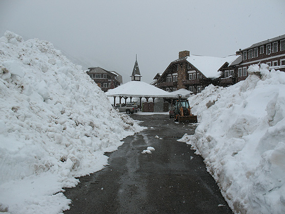 Picture of Many Glacier Hotel with a lot of snow