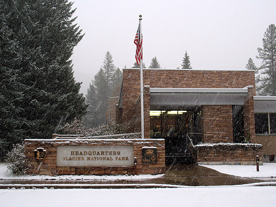 Snow falling at Park Headquarters