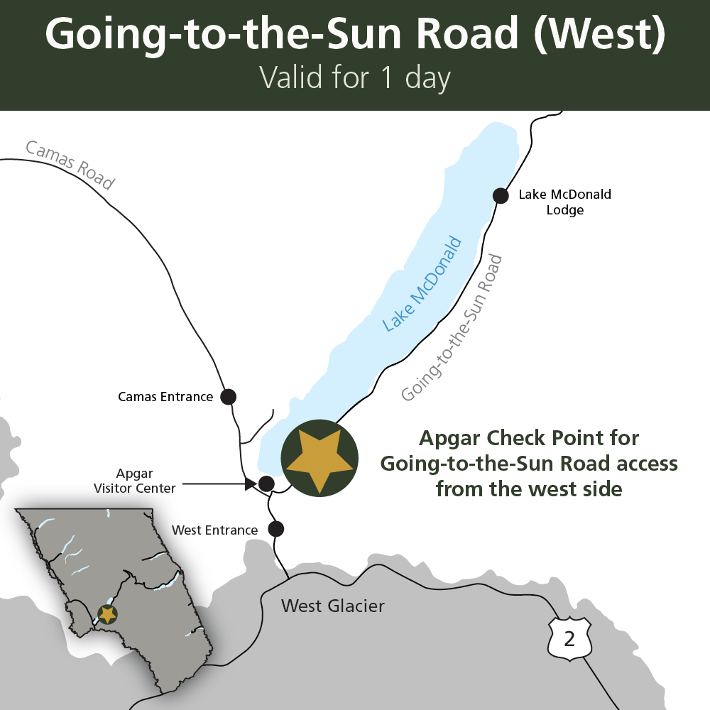 Map Features the Apgar and Lake McDonald area of Glacier National Park. A gold star is on the map at the Apgar Check Point for Going-to-the-Sun Road Access from the west side of the park. Text: Going-to-the-Sun Road (West) Valid for 1 day.