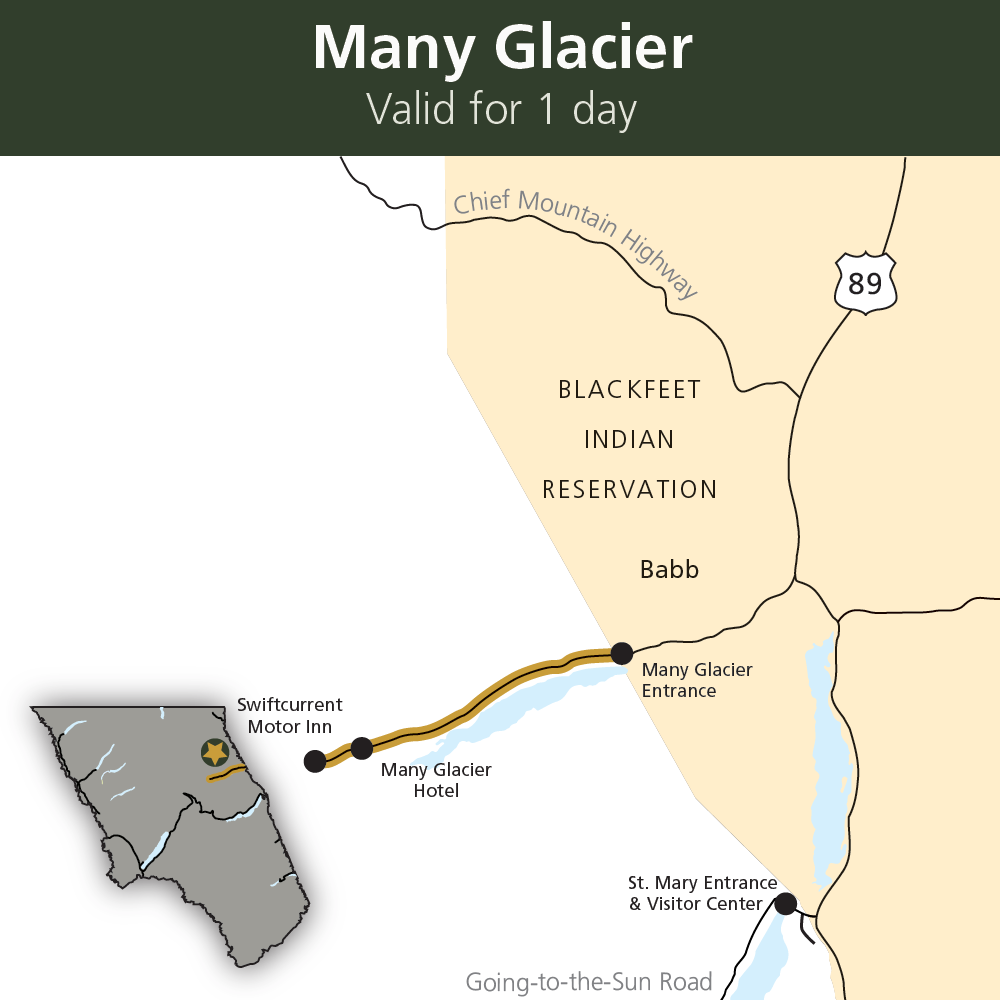 Map features the Many Glacier area of Glacier National Park. The road to Many Glacier is highlighted in gold. Text: Many Glacier Valid for 1 day.