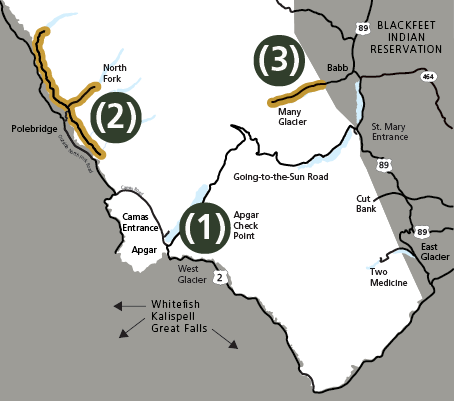 Map of Glacier National Park with Vehicle reservation areas highlighted. Reservations include, (1) Going-to-the-Sun Road via the West Entrance, (2) North Fork and (3) Many Glacier.