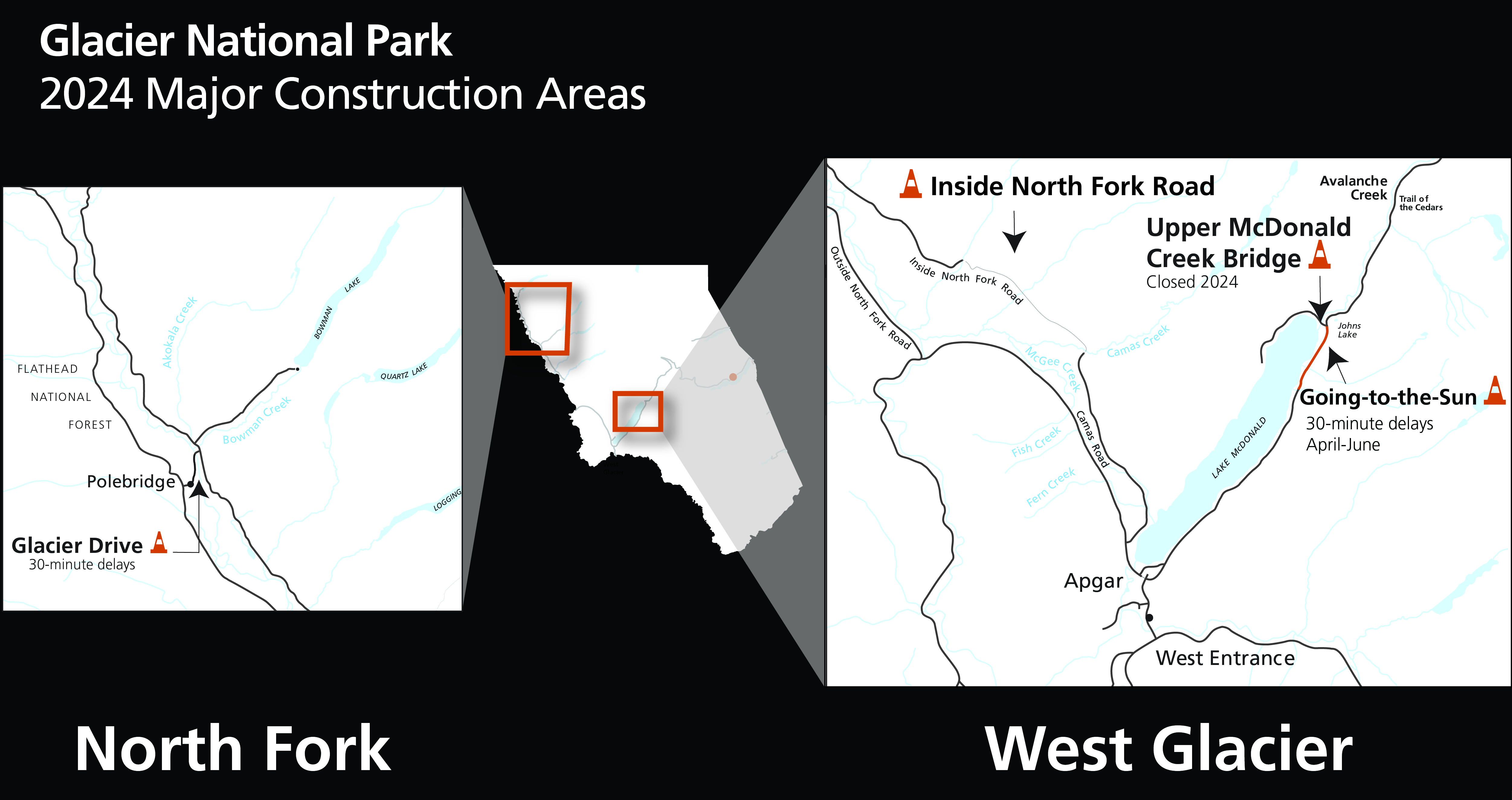 2023 Major Construction Areas. Map of GNP with 2 pop out areas with lines and cones pointing to construction. North Fork: Kintla, Ford, Akokala, and Bowman bridges & Glacier Drive in Polebridge. West Glacier: GTSR, Camas, Fish Creek & Upp. McDonald Cr.