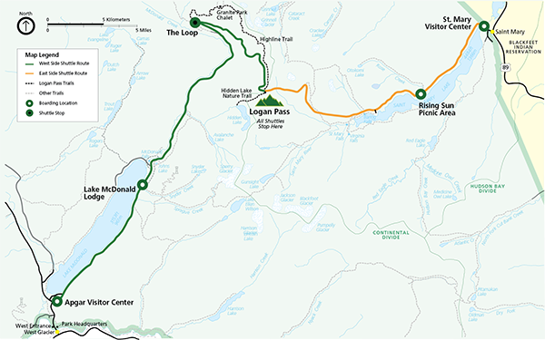 Map shows shuttle boarding locations and shuttle stops along the Going-to-the-Sun Road. Shuttle boarding locations are a green circle with a white center and shuttle stops are a green circle with a black center.