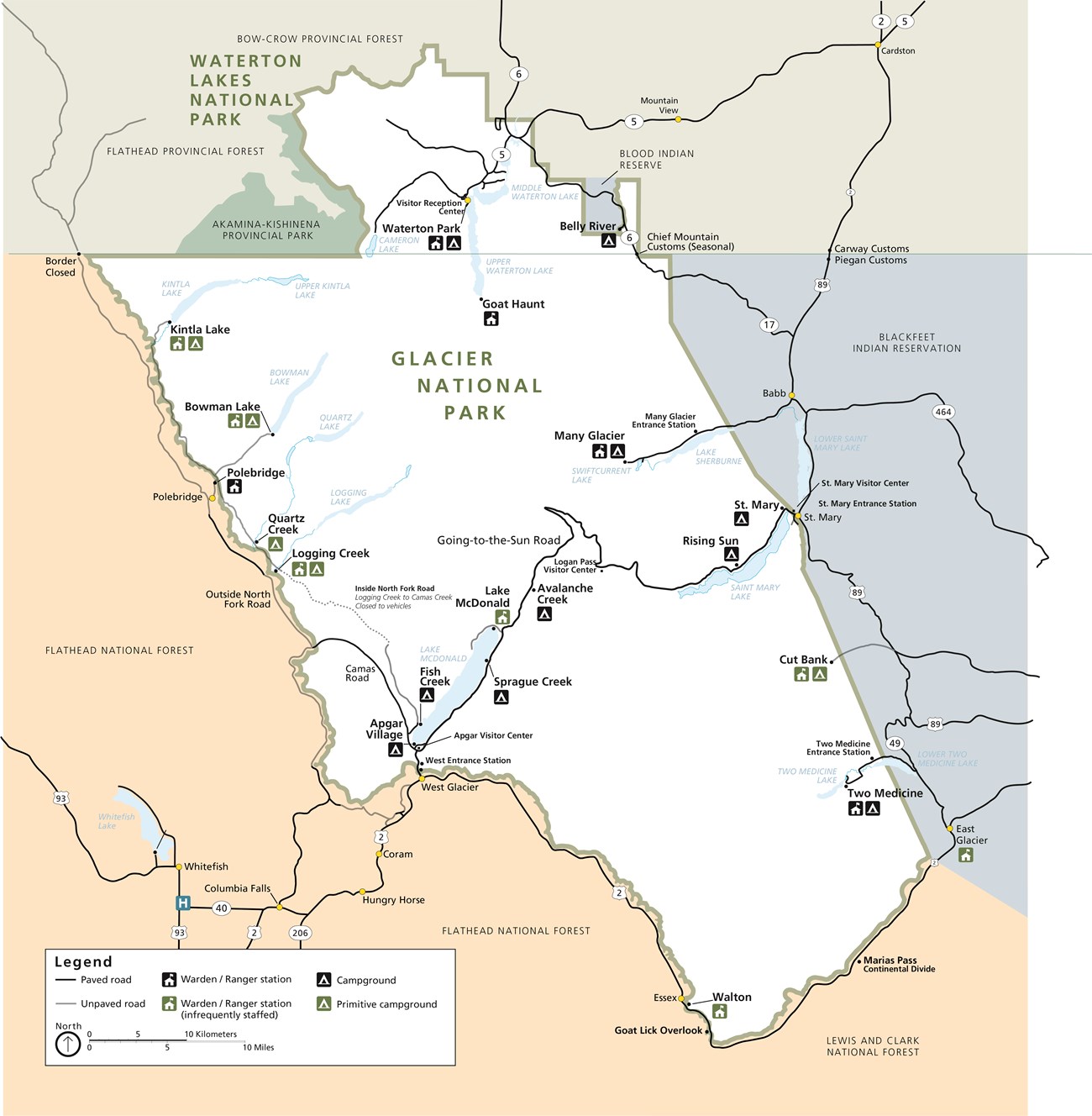 A map of Glacier depicting the park boundary, major roads, and the front country campgrounds.