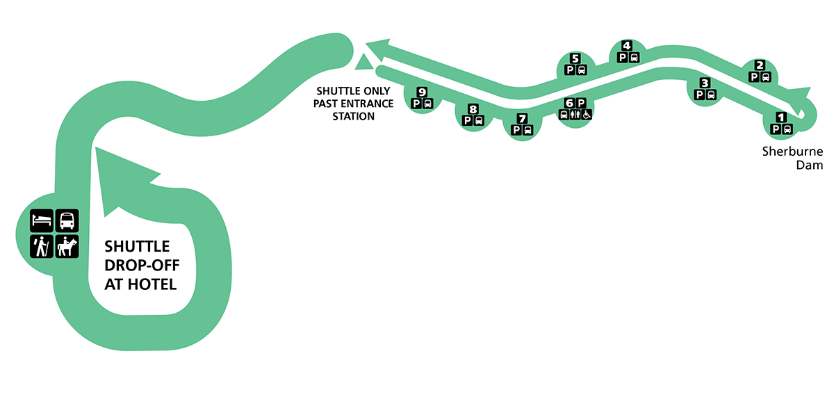 Graphic shows the shuttle route in green with stops 1-9 labeled with bus and parking symbols. The drop-off location at Many Glacier Hotel is indicated with text and lodging, bus, hiking, and horseback riding symbols.