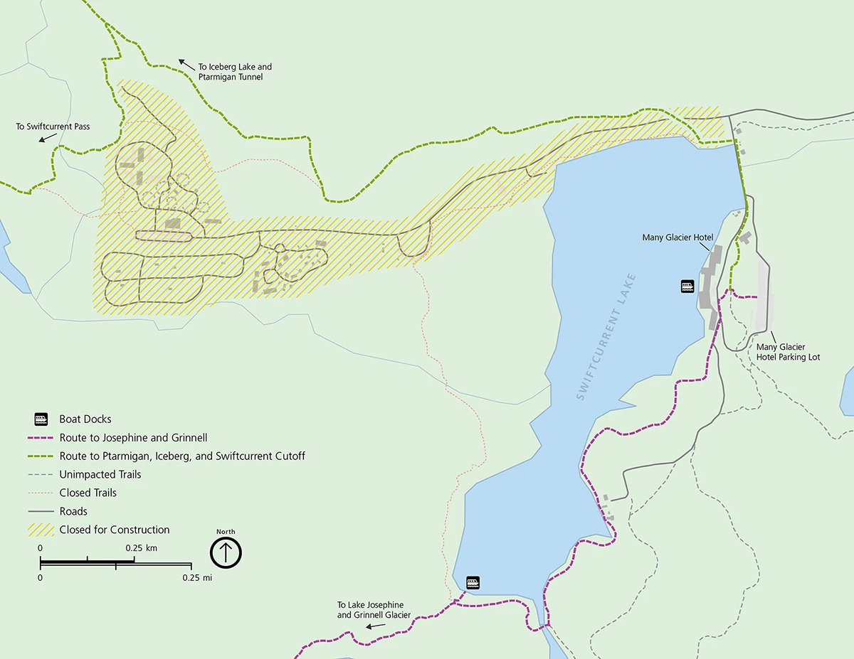 Many Glacier Closure Map 2025 A map of the Many Glacier area highlights the closed area in yellow dashes. Trail closures are in red and trail detours are in green and purple. A legend is on the left side of the map.