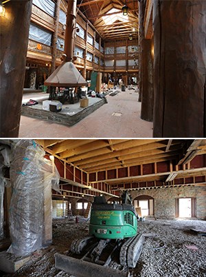 scaffolding, tools, construction inside historic hotel