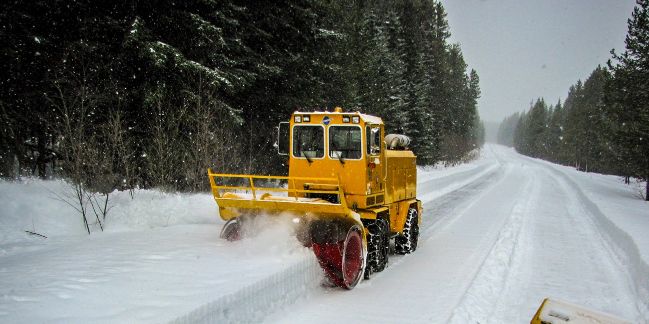 A large yellow snow plow machine clears deep snow from a road with trees behind.