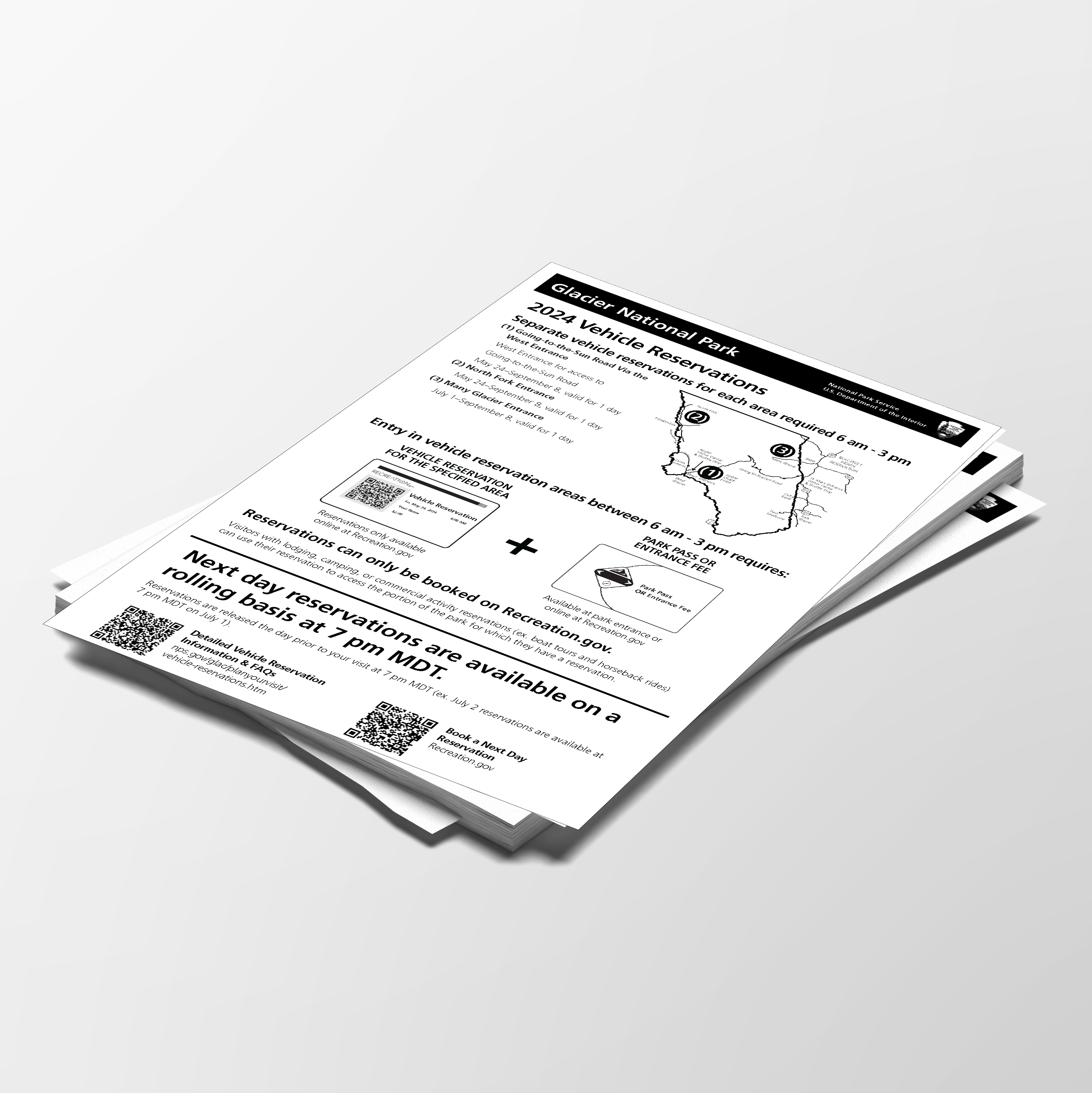 A thumbnail of a stack of papers that goes over vehicle reservations at Glacier National Park. There is a map of Glacier National Park and text on the paper.