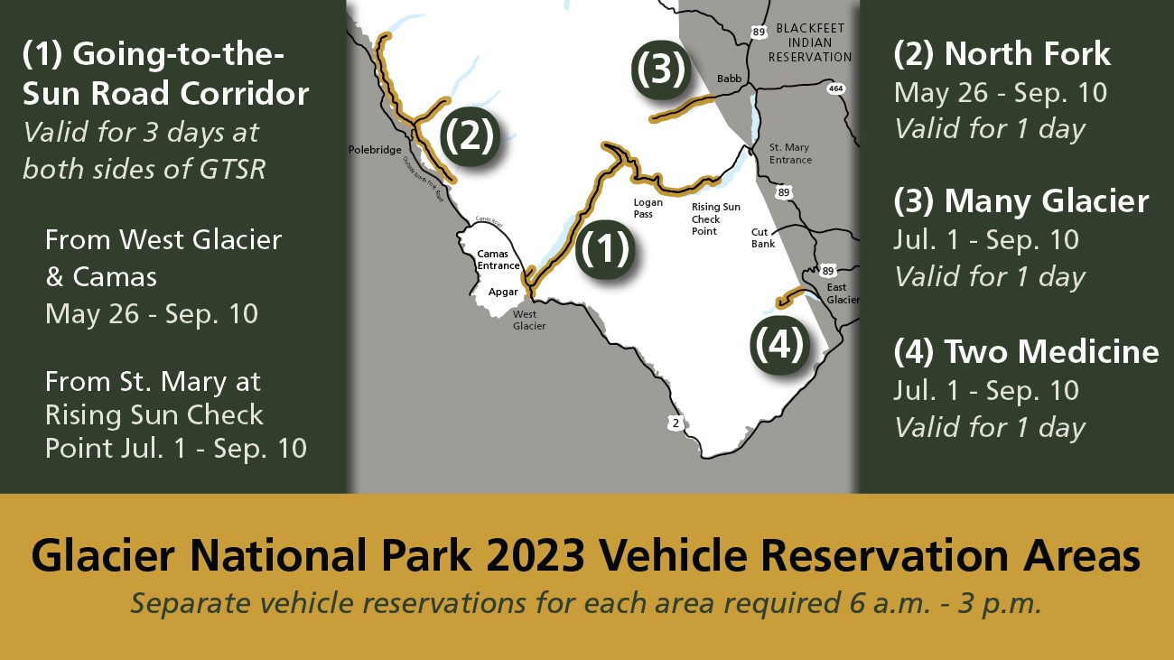 A map of GNP in white. Roads that are subject to vehicle reservations have a gold line with a number to identify areas. The main text on the map says: Glacier National Park 2023 Vehicle Reservation Areas. Each area is described in the text below.