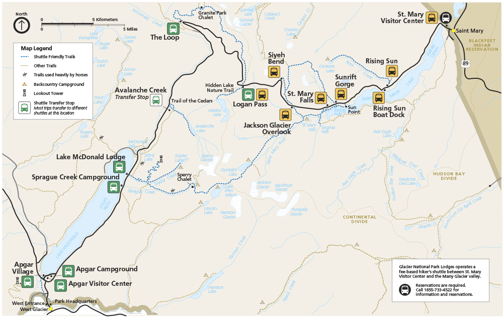 Glacier map with shuttle stops called out with bus icon Glacier map with shuttle stops called out with bus icon
