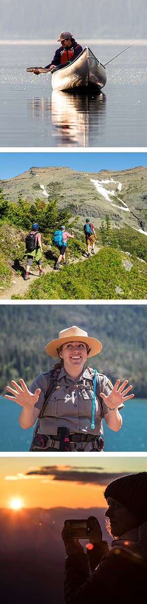 Enjoying a day out on the lake, One of Glacier’s spectacular backcountry trails, Ranger-led hike, Pausing to capture that last ray of sunlight