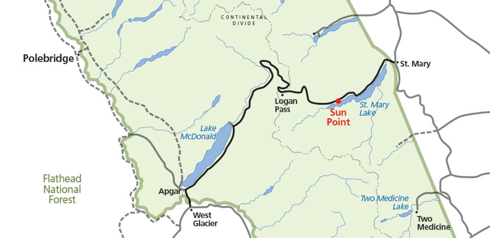 Map of the Going-to-the-Sun Road showing the location of Sun Point