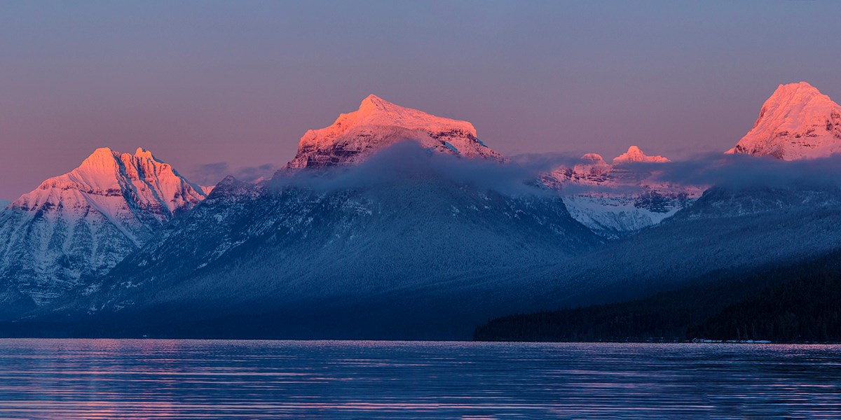 Lake McDonald in winter with alpenglow