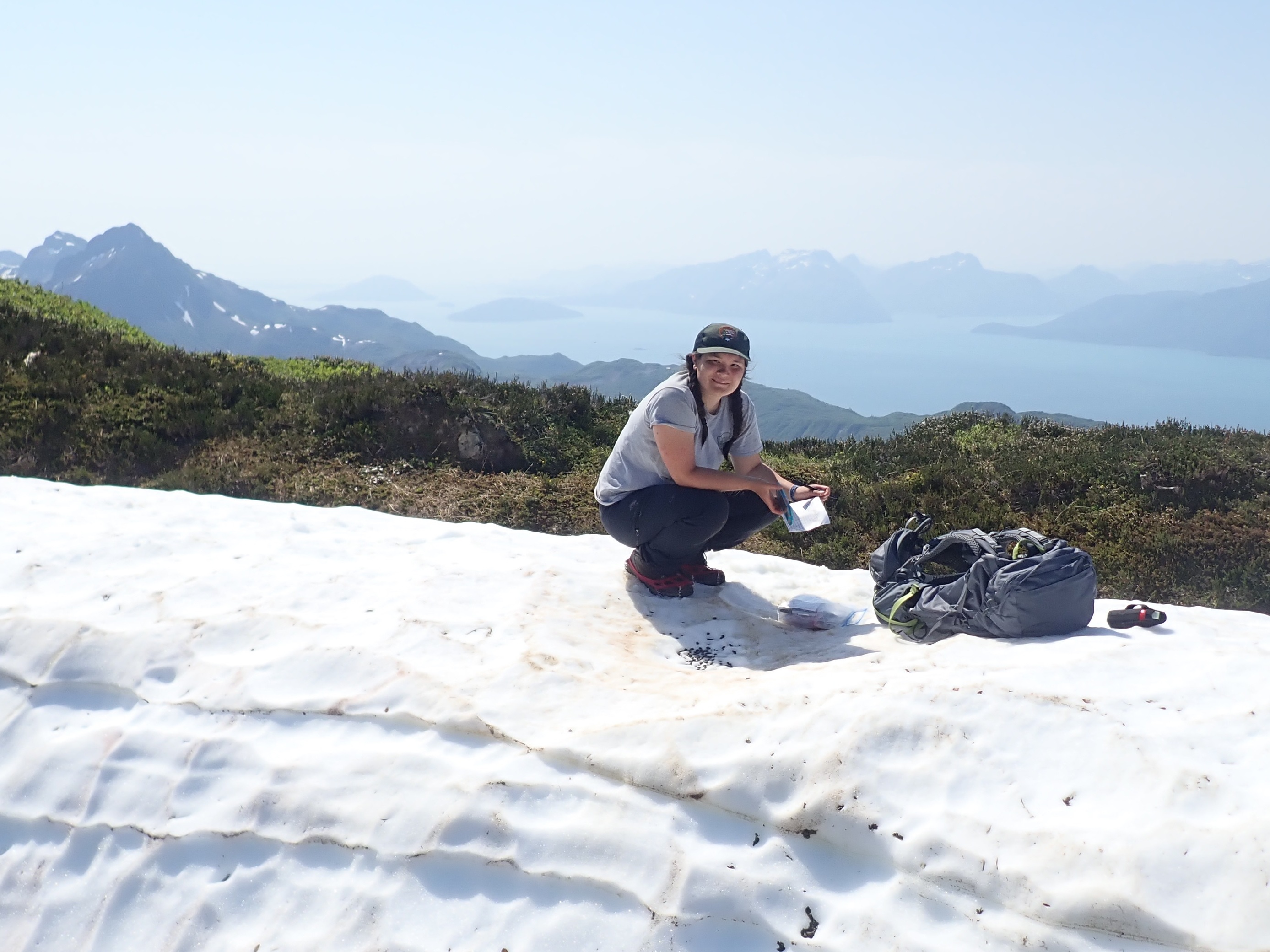 scientist on snowy mountaintop glacier bay