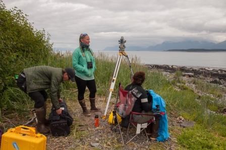 Researchers on Strawberry Island researchers and equipment on an island in Glacier Bay