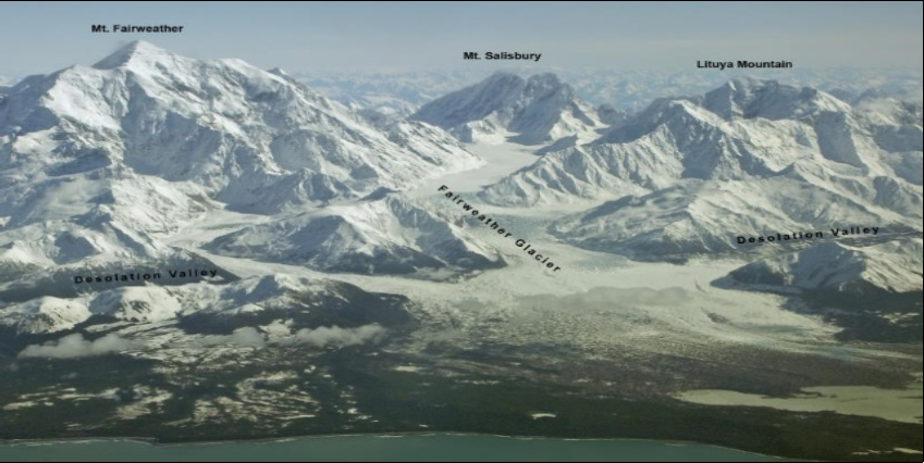 Three snow-capped peaks with two valleys and a glacier in the foreground